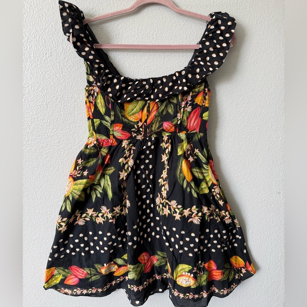 Farm Rio Tropical Floral Polka Dot Mini Dress S | Ruffle Strap Summer Vacation - Picture 4 of 13